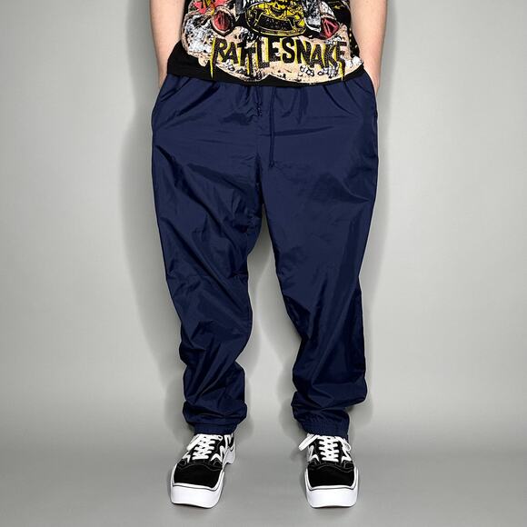 Vintage 90s Track Pants Mens XL Baggy Fit Navy Blue Polyester Sweatpants - Picture 2 of 4